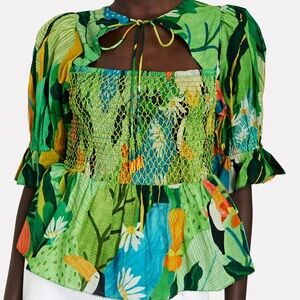 Farm Rio vintage toucans smocked peplum top
